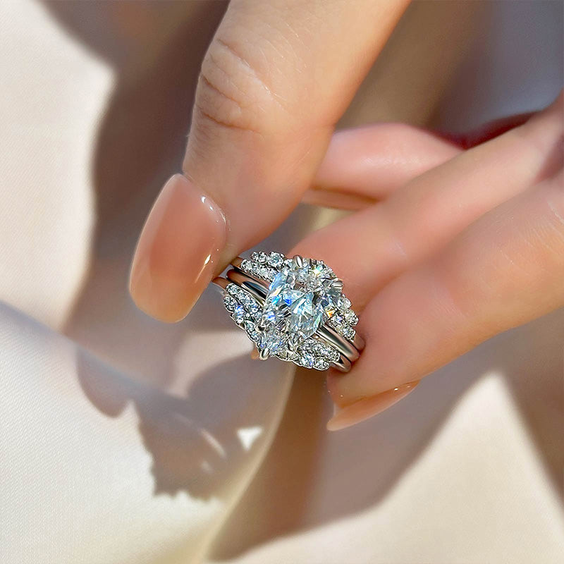 Ahabobo Vintage Pear Cut Insert Wedding Ring Set For Women In Sterling Silver