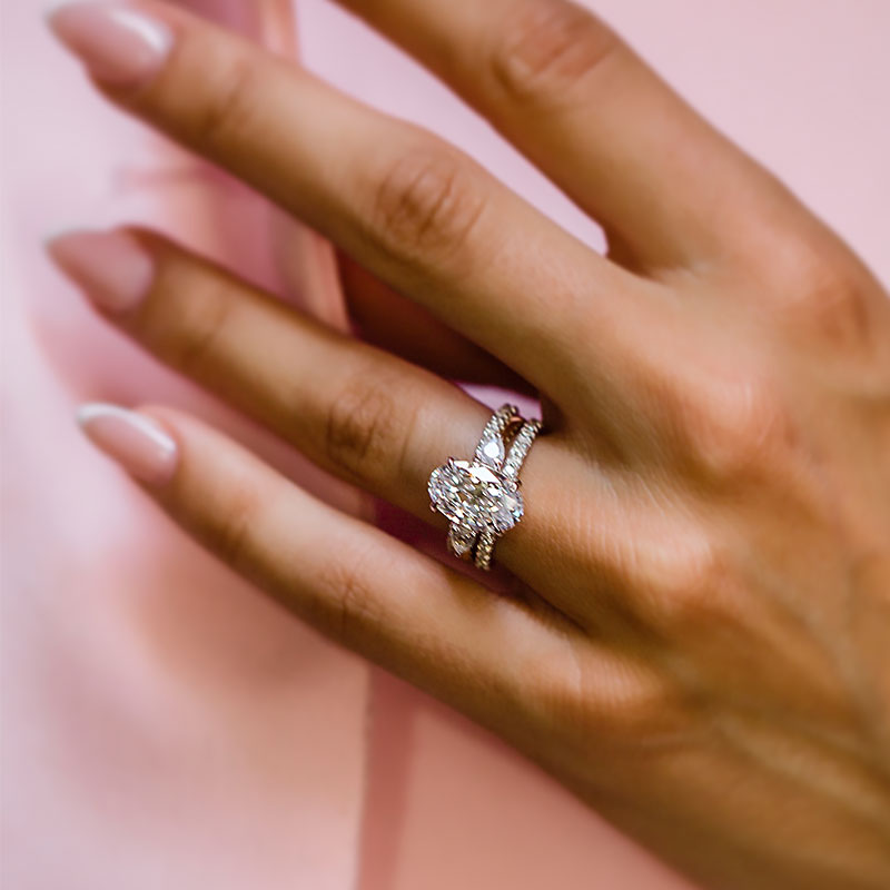 Ahabobo Classic Oval Cut Bridal Wedding Ring Set With Full Eternity Thin Wedding Bands