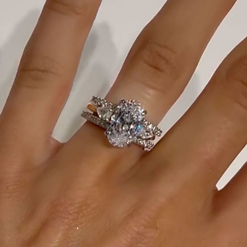 Ahabobo Classic Oval Cut Bridal Wedding Ring Set With Full Eternity Thin Wedding Bands