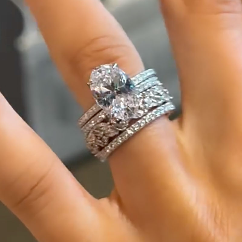 Ahabobo Precious Oval Cut 4PC Ring Set With Unique Wedding Bands