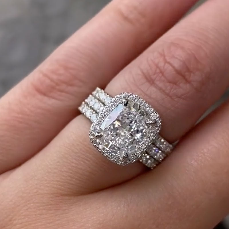 Ahabobo 3PC Luxury Halo Cushion Cut Women's Wedding Ring Set