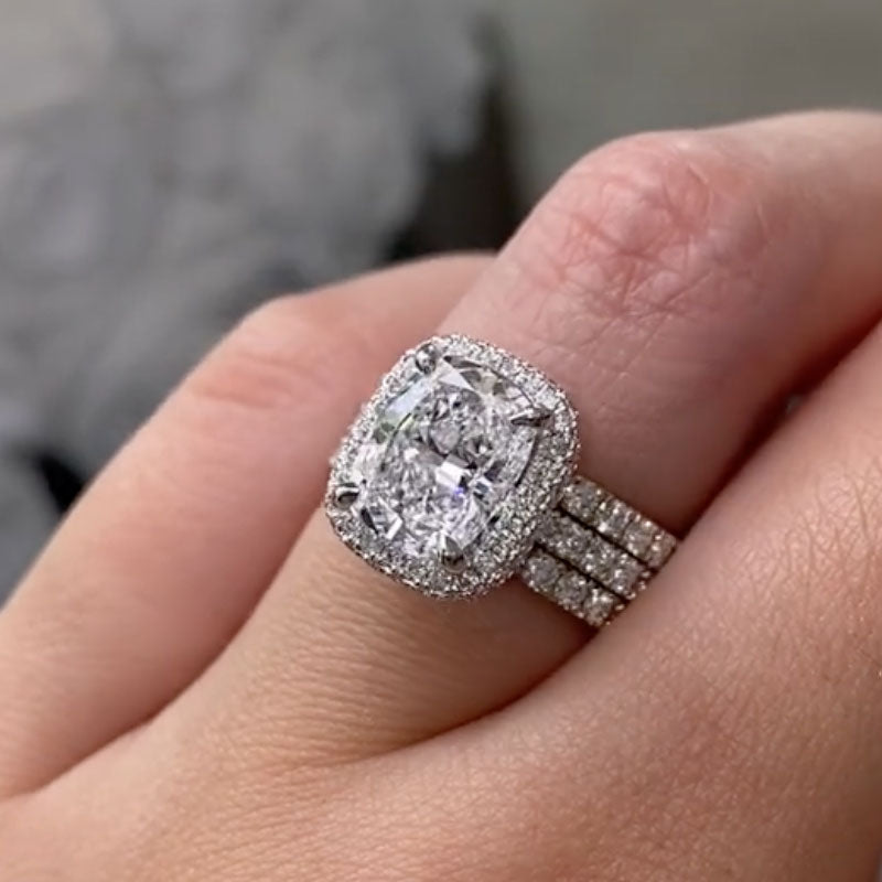 Ahabobo 3PC Luxury Halo Cushion Cut Women's Wedding Ring Set