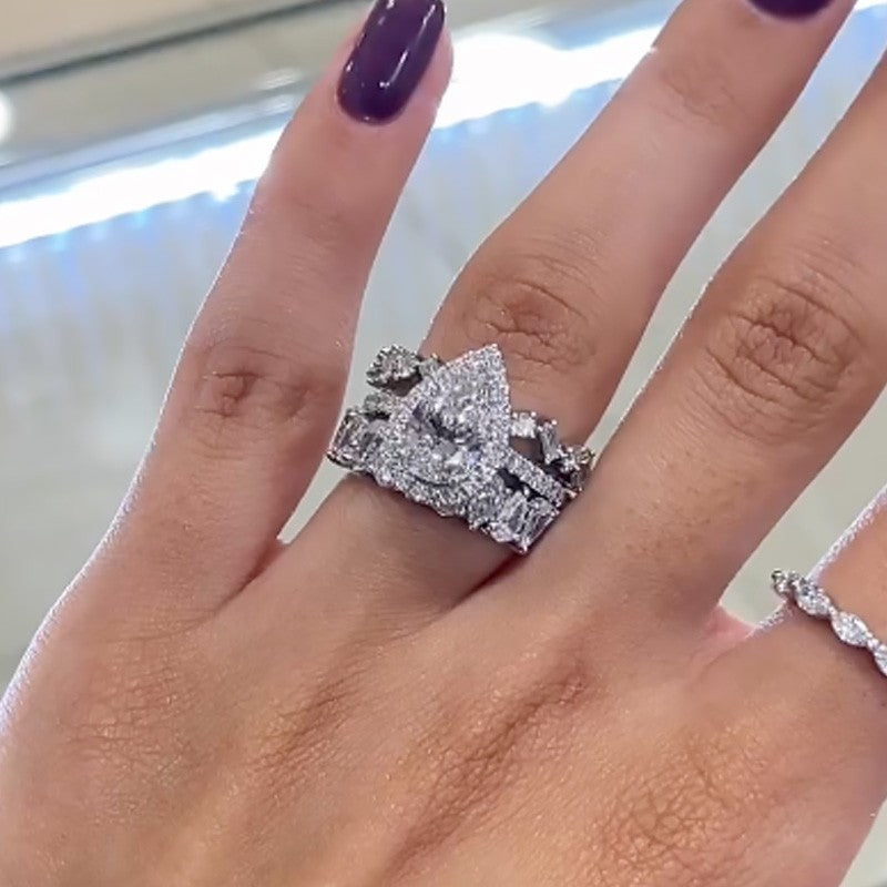2.2 Carat Halo Pear Cut Wedding Ring Set With Two Luxurious Wedding Bands