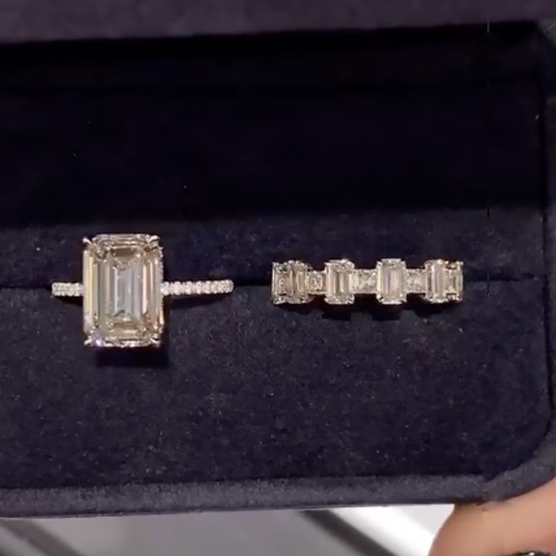 Fashion Emerald Cut Wedding Ring Set With Emerald Cut Wedding Band