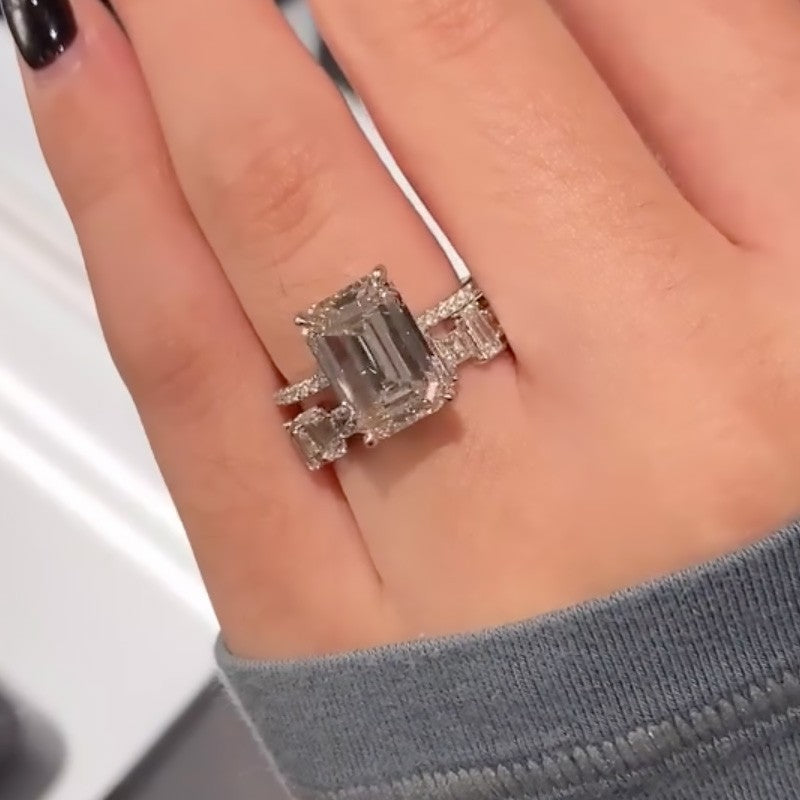 Fashion Emerald Cut Wedding Ring Set With Emerald Cut Wedding Band