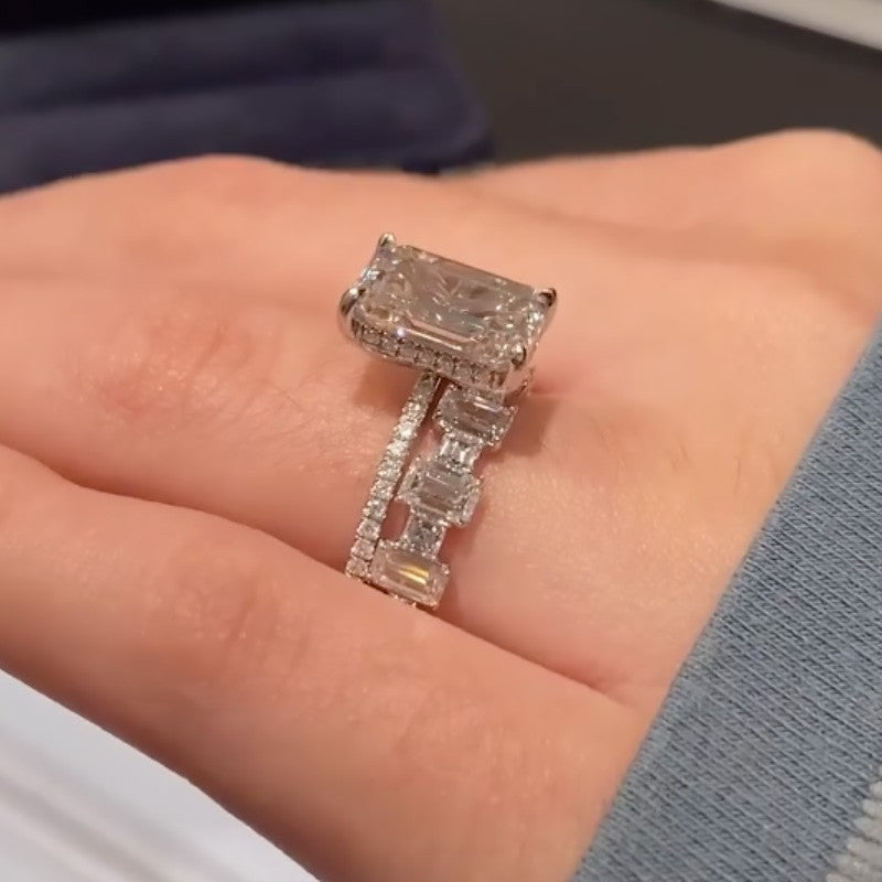 Fashion Emerald Cut Wedding Ring Set With Emerald Cut Wedding Band