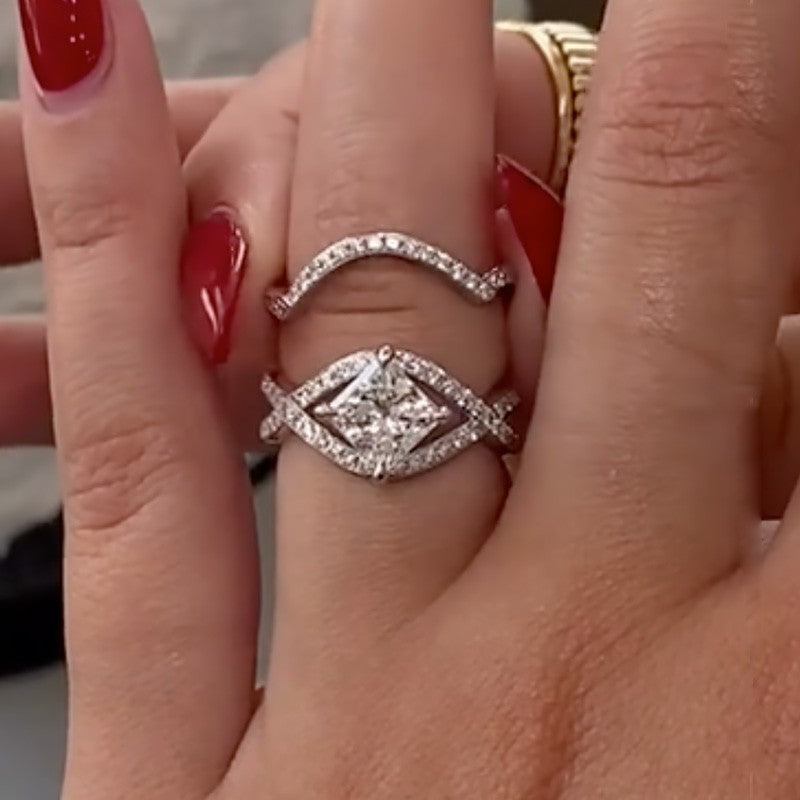 Unique Princess Cut Wedding Ring Set With Curved Wedding Band