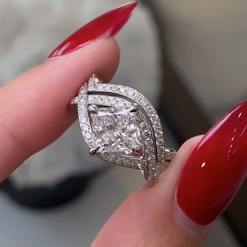 Unique Princess Cut Wedding Ring Set With Curved Wedding Band