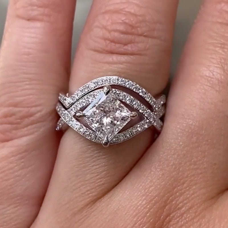 Unique Princess Cut Wedding Ring Set With Curved Wedding Band