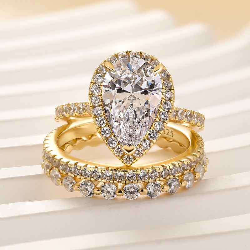 Ahabobo 3PC Classic Halo Pear Cut Wedding Ring Set With Eternity Wedding Bands