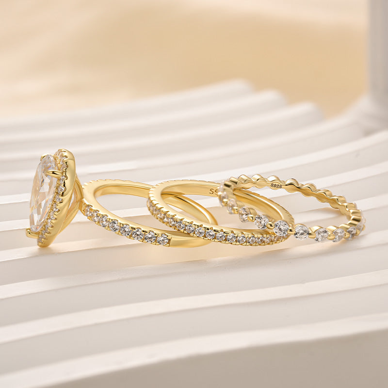 Ahabobo 3PC Classic Halo Pear Cut Wedding Ring Set With Eternity Wedding Bands