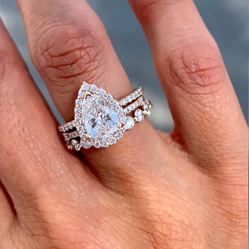 Ahabobo 3PC Classic Halo Pear Cut Wedding Ring Set With Eternity Wedding Bands