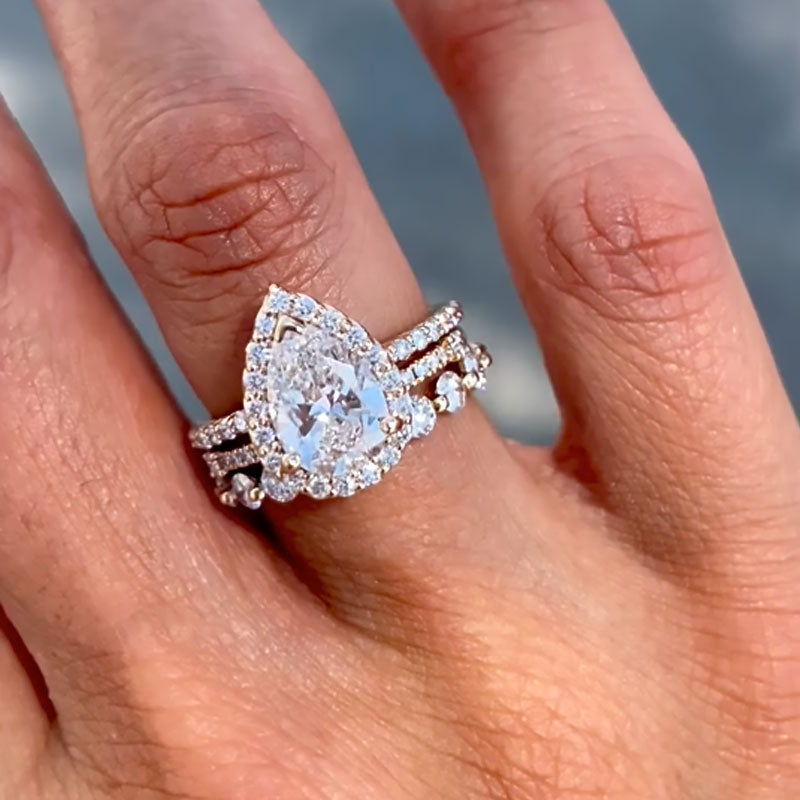 Ahabobo 3PC Classic Halo Pear Cut Wedding Ring Set With Eternity Wedding Bands