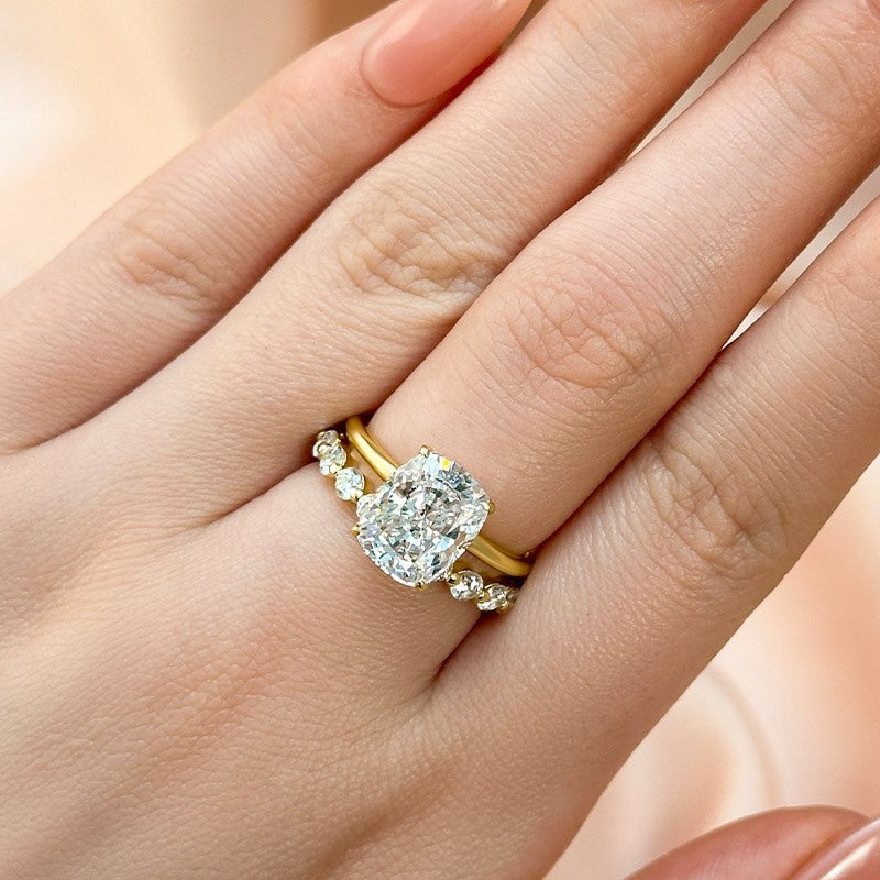 4.0 Carat Cushion Cut Yellow Gold Wedding Ring Set With Eternity Round Cut Wedding Band