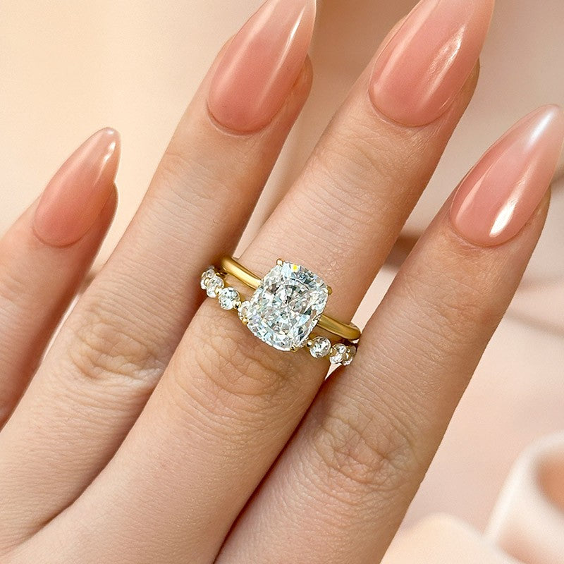 4.0 Carat Cushion Cut Yellow Gold Wedding Ring Set With Eternity Round Cut Wedding Band