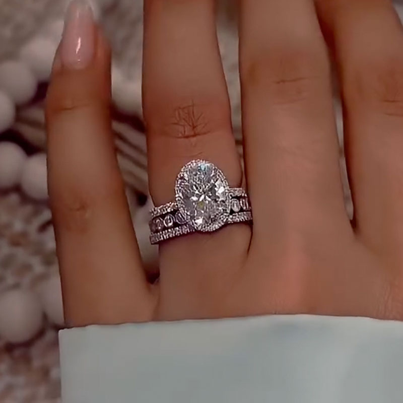 Ahabobo 3PC Halo Oval Cut Wedding Ring Set With Classic Wedding Bands