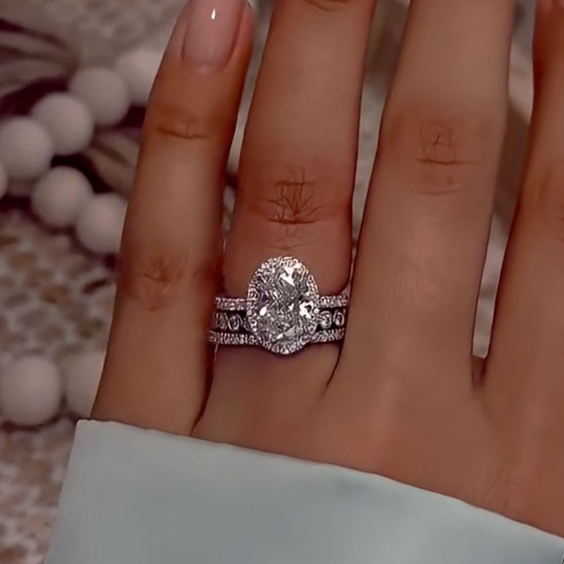 Ahabobo 3PC Halo Oval Cut Wedding Ring Set With Classic Wedding Bands