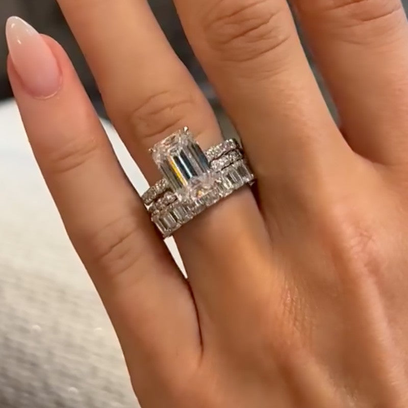 3PC Emerald Cut Wedding Ring Set With Open Wedding Band & Emerald Cut Wedding Band