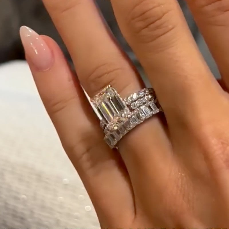 3PC Emerald Cut Wedding Ring Set With Open Wedding Band & Emerald Cut Wedding Band