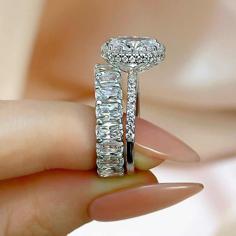 3.0 Carat Halo Cushion Cut Wedding Ring Set With Luxurious Wedding Band
