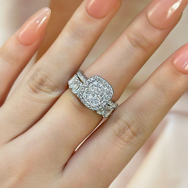 3.0 Carat Halo Cushion Cut Wedding Ring Set With Luxurious Wedding Band