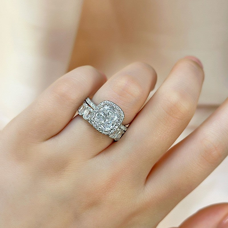 3.0 Carat Halo Cushion Cut Wedding Ring Set With Luxurious Wedding Band