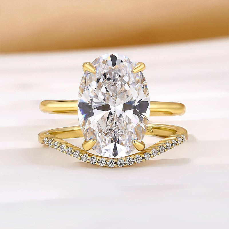 4.5Ct Oval Cut Yellow Gold Wedding Ring Set With Curved Wedding Band