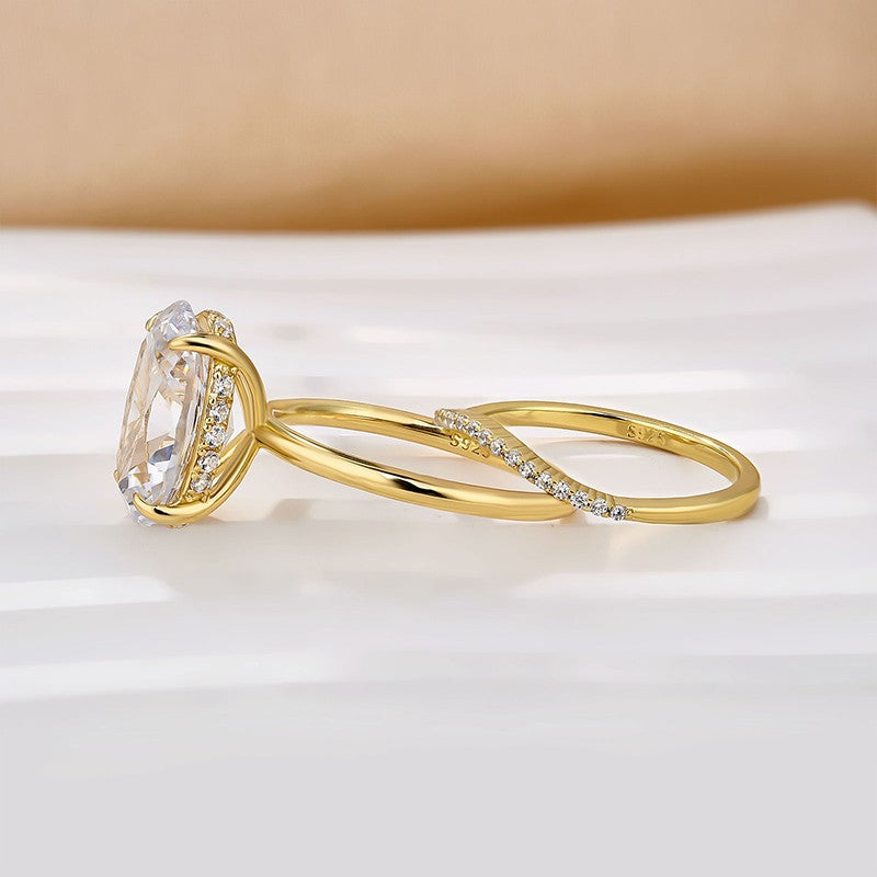 4.5Ct Oval Cut Yellow Gold Wedding Ring Set With Curved Wedding Band