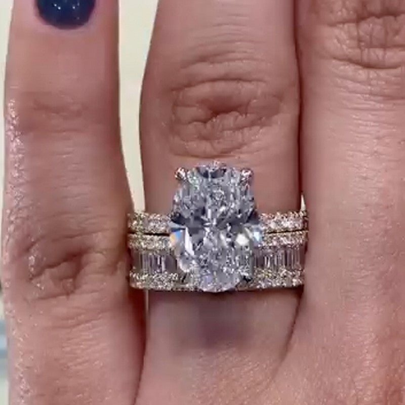 6.0Ct Oval Cut Wedding Ring Set Travel Ring With Emerald Cut Wedding Band