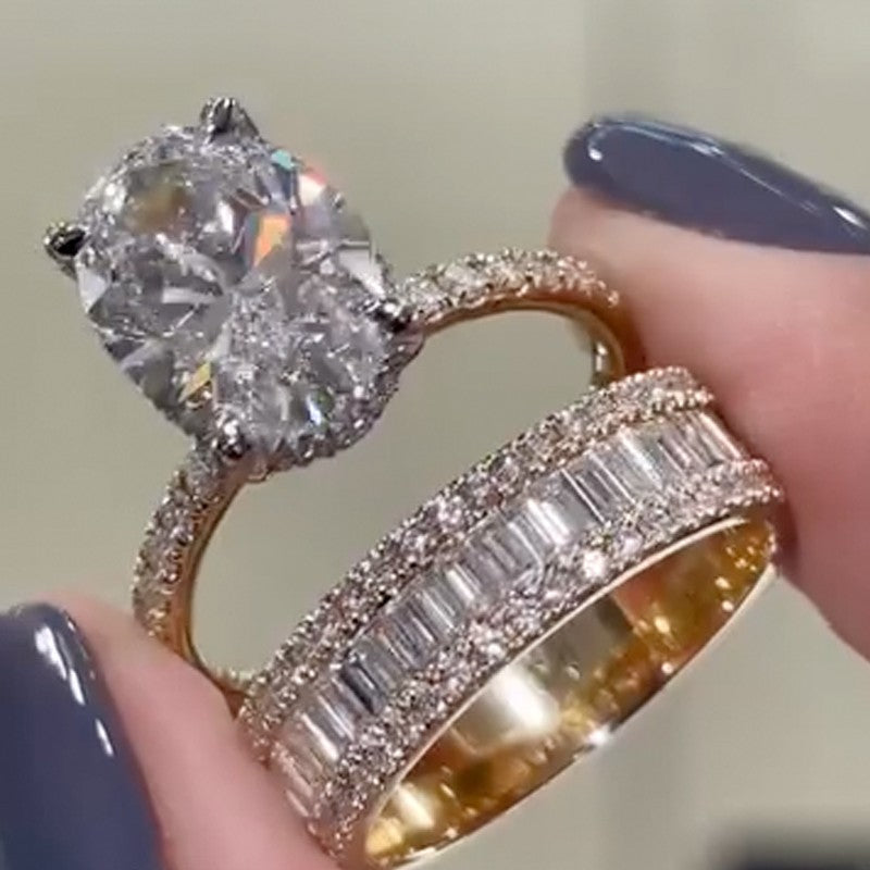 6.0Ct Oval Cut Wedding Ring Set Travel Ring With Emerald Cut Wedding Band