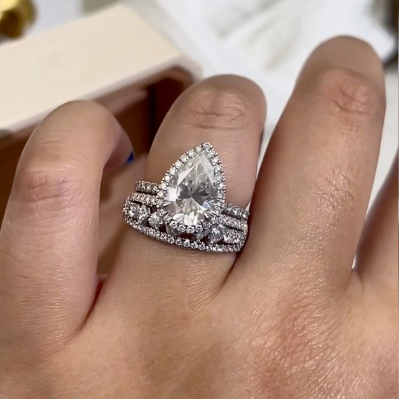 2.2Ct Halo Pear Cut Wedding Rings Travel Ring With Luxe 3-Row Wedding Band
