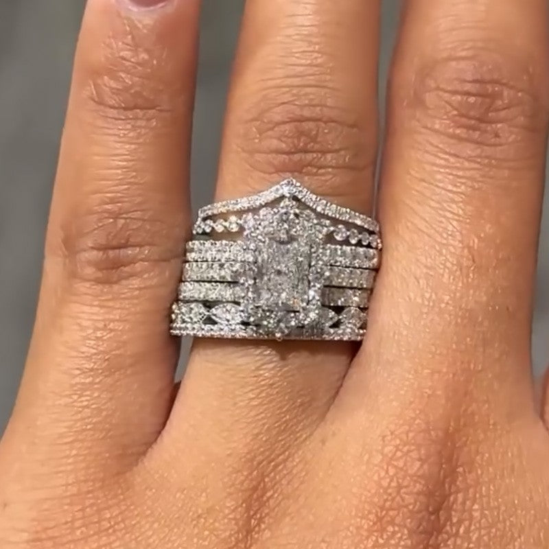 5PC Noble 3.0Ct Halo Radiant Cut Wedding Ring Anniversary Ring With Vintage Wedding Bands