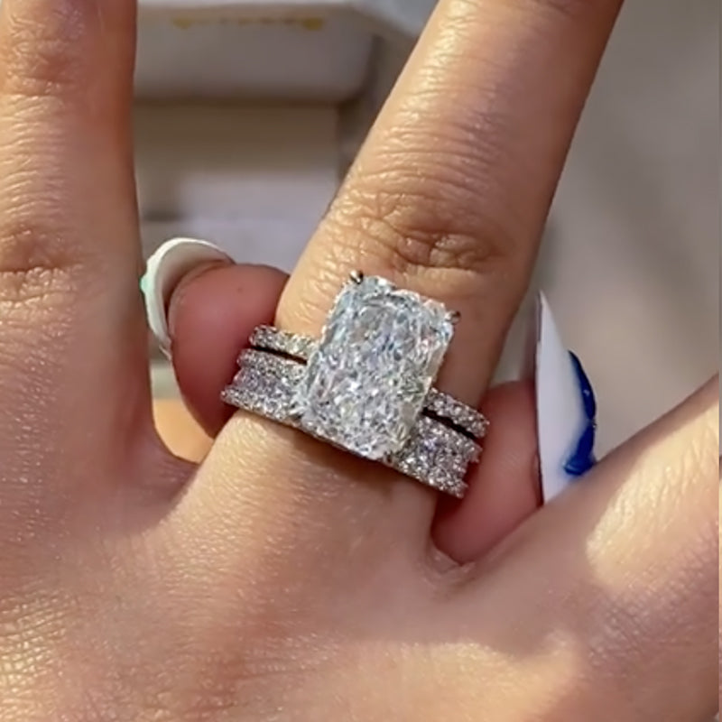 Ahabobo Radiant Cut Wedding Ring Set With 3 Row Design Round Cut Wedding Band