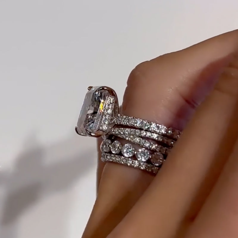 Ahabobo 4PC Radiant Cut Wedding Ring Set With Classic Wedding Bands