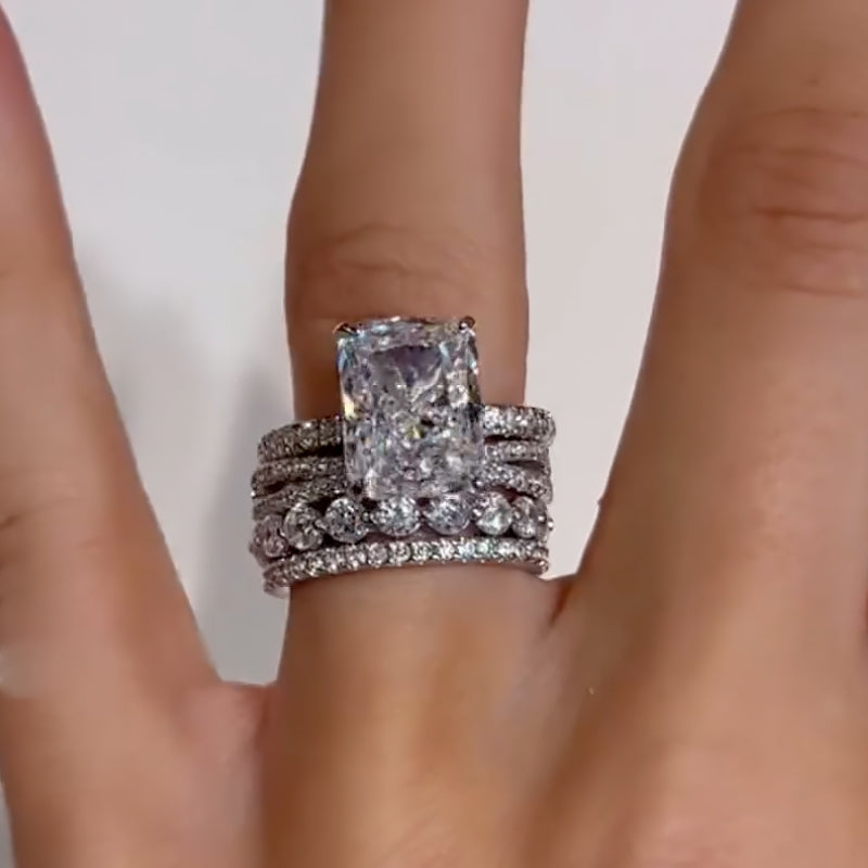 Ahabobo 4PC Radiant Cut Wedding Ring Set With Classic Wedding Bands