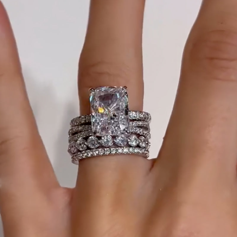 Ahabobo 4PC Radiant Cut Wedding Ring Set With Classic Wedding Bands