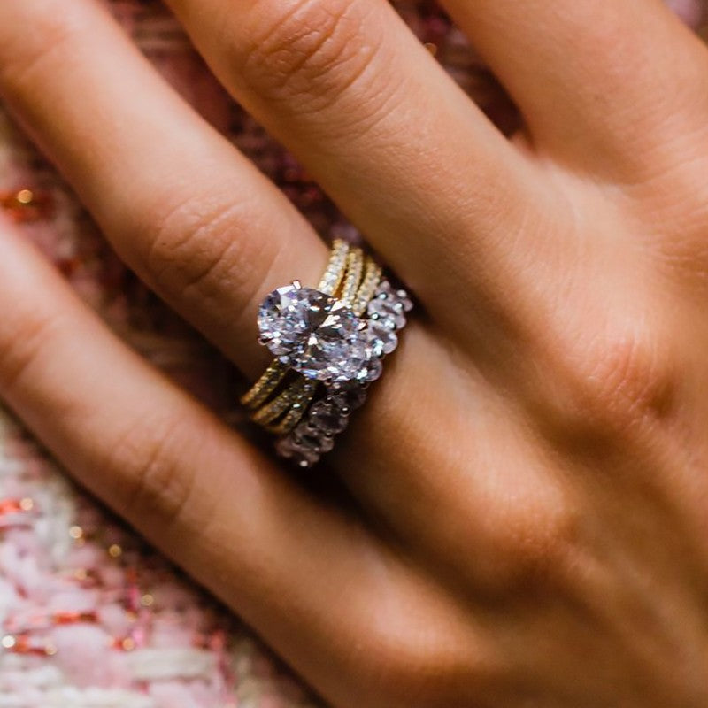 3PC 4.0Ct Oval Cut Wedding Ring Set With Criss-Cross Wedding Band & Oval Cut Wedding Band