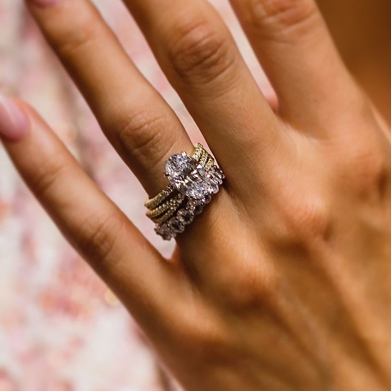 3PC 4.0Ct Oval Cut Wedding Ring Set With Criss-Cross Wedding Band & Oval Cut Wedding Band