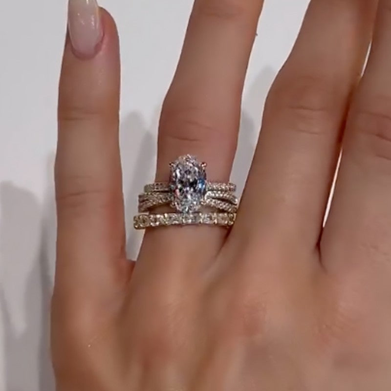 3PC 4.0Ct Oval Cut Wedding Ring Set With Criss-Cross Wedding Band & Emerald Cut Wedding Band