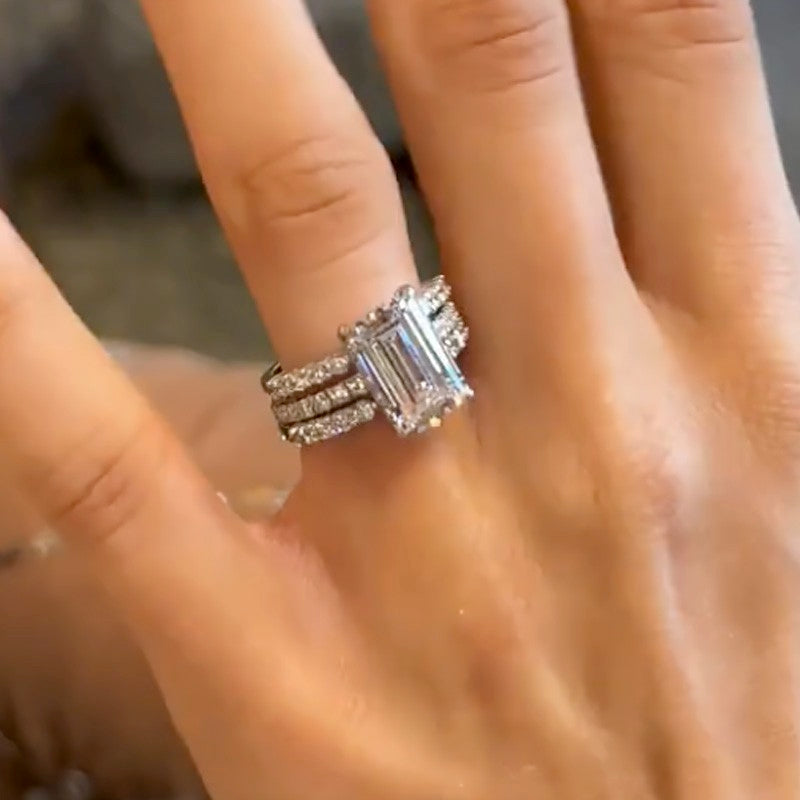3PC 10.0Ct Emerald Cut Wedding Ring Set With Two Open Wedding Bands
