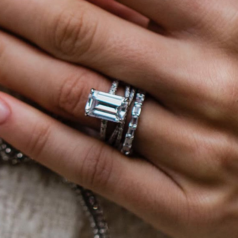 3PC Emerald Cut Wedding Ring Set With Cirss Cross Wedding Band & Emerald Cut Wedding Band