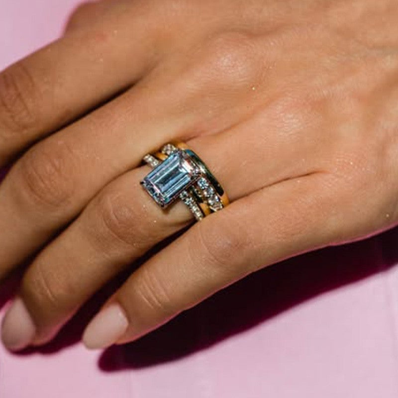 4PC Emerald Cut Wedding Ring Set With Three Classic Wedding Band