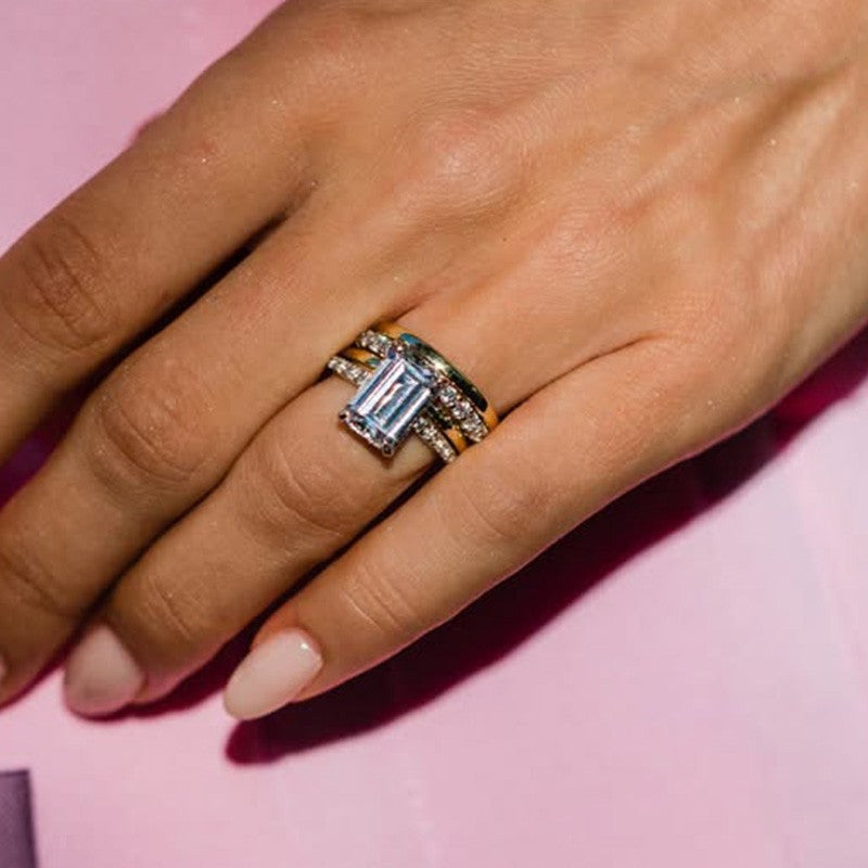 4PC Emerald Cut Wedding Ring Set With Three Classic Wedding Band