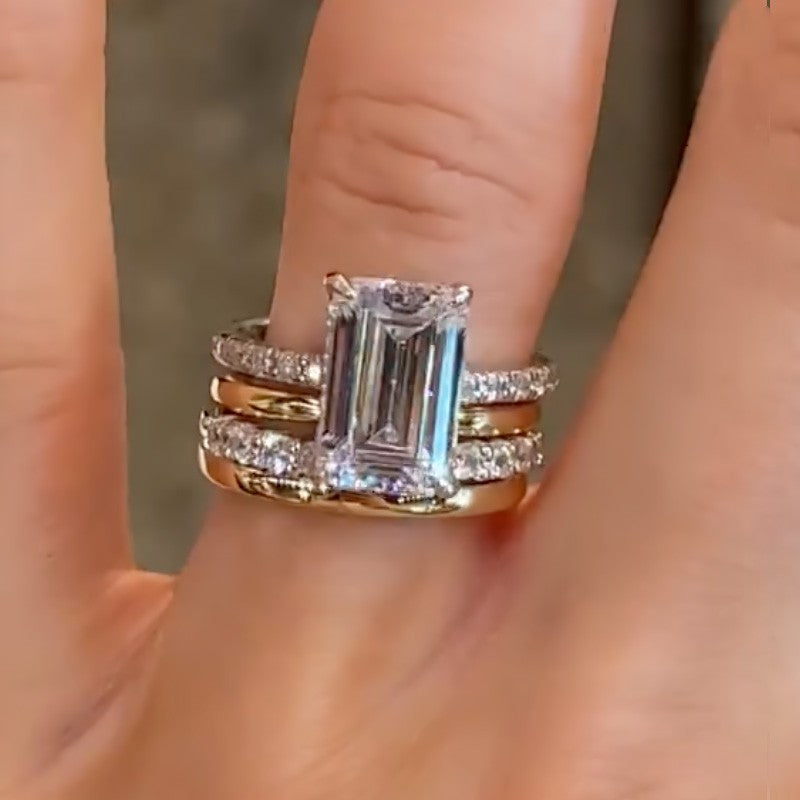 4PC Emerald Cut Wedding Ring Set With Three Classic Wedding Band
