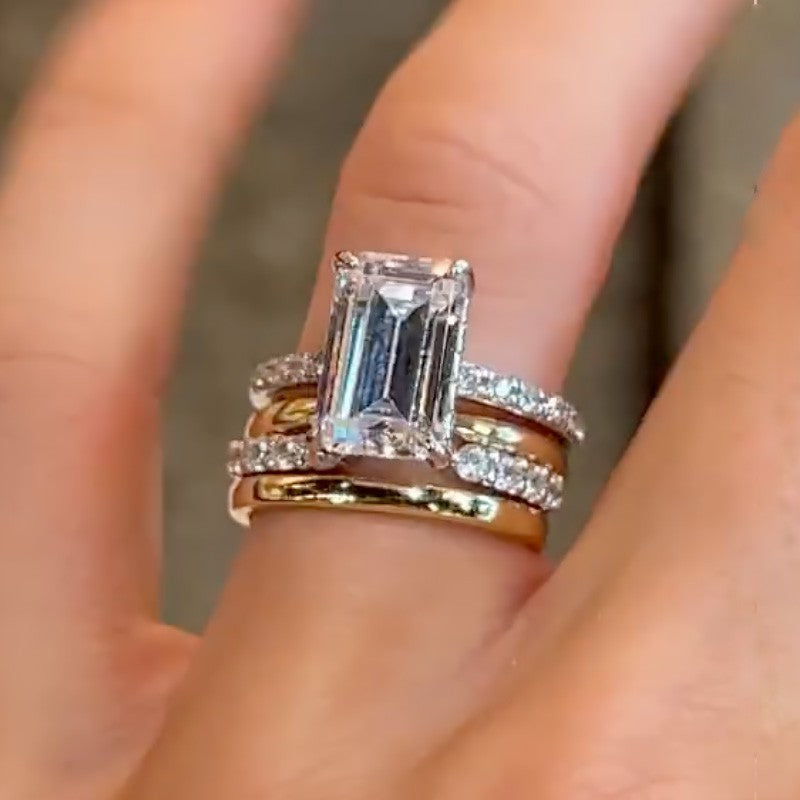 4PC Emerald Cut Wedding Ring Set With Three Classic Wedding Band