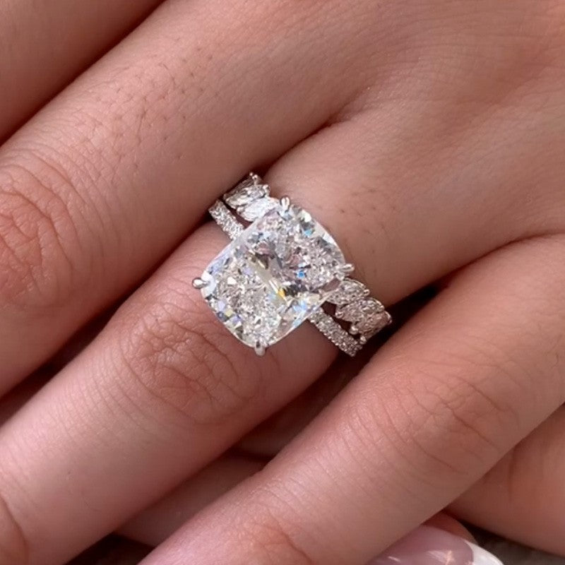 6.5Ct Elongated Cushion Cut Wedding Ring Set With Marquise Cut Wedding Band