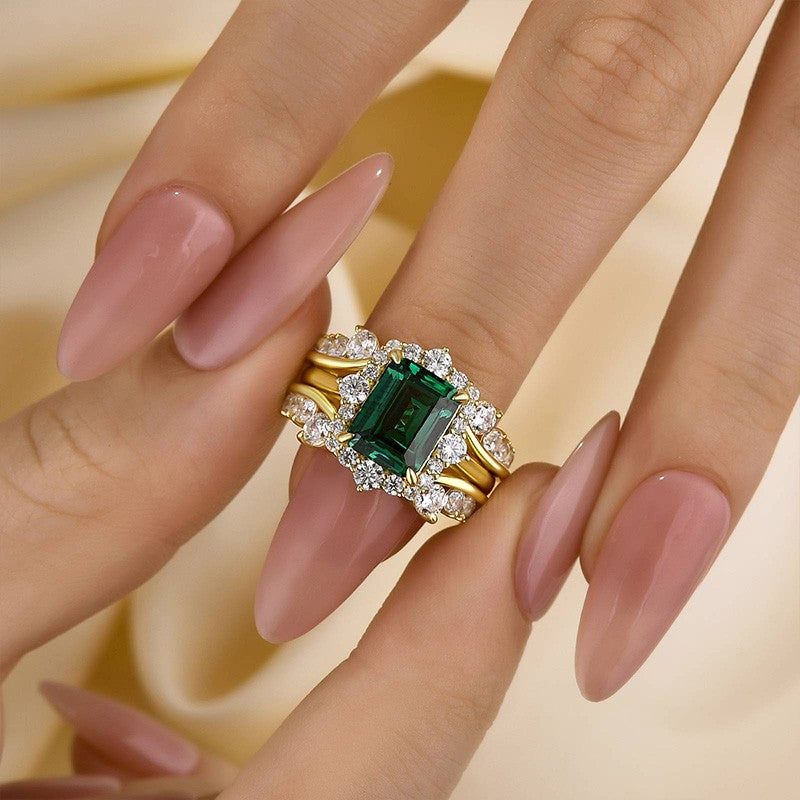 3.0Ct Halo Emerald Cut Insert Wedding Ring Set With Vintage Jacket Wedding Band