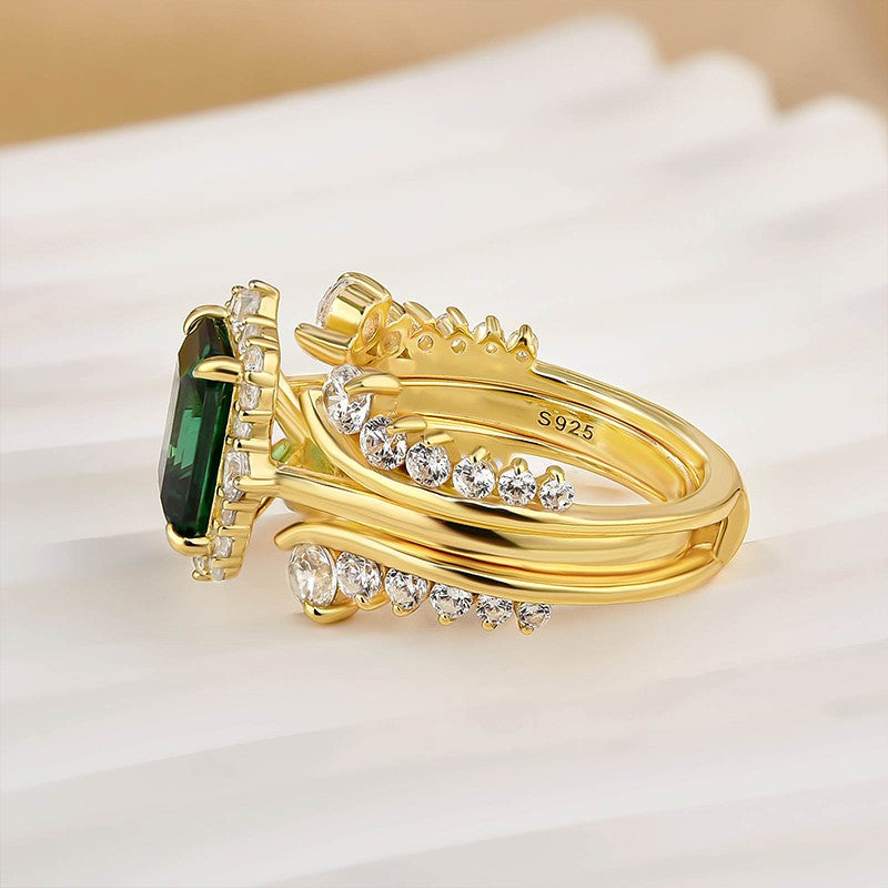3.0Ct Halo Emerald Cut Insert Wedding Ring Set With Vintage Jacket Wedding Band