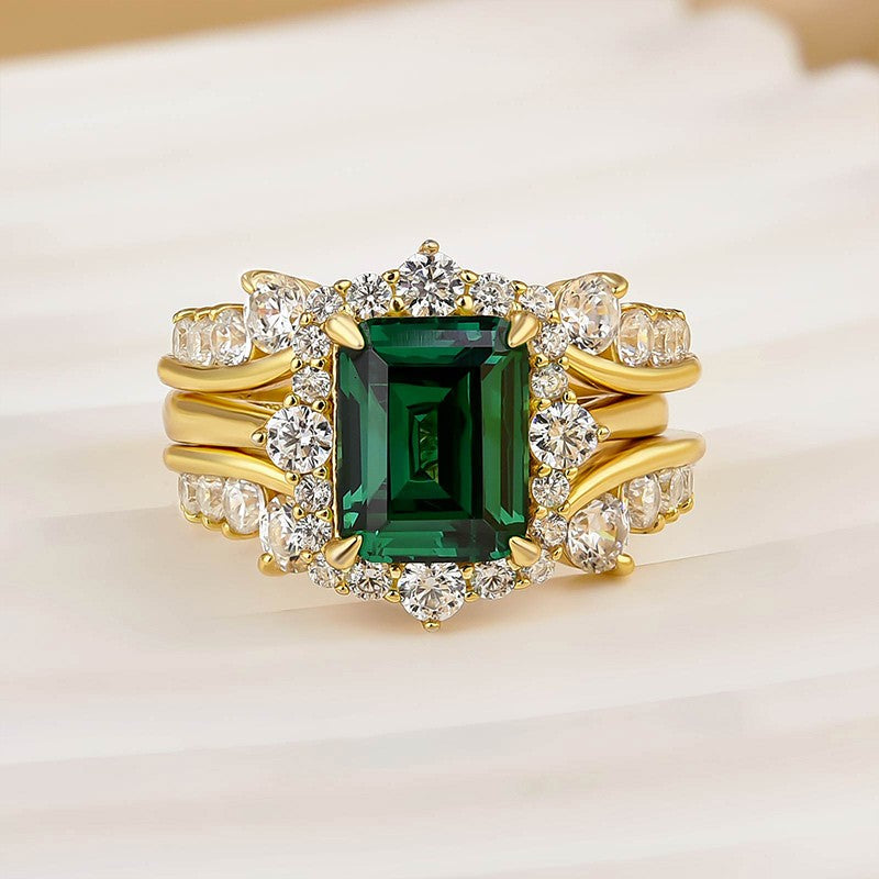 3.0Ct Halo Emerald Cut Insert Wedding Ring Set With Vintage Jacket Wedding Band