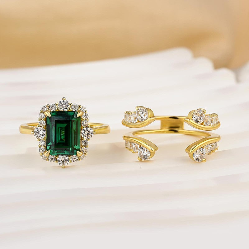 3.0Ct Halo Emerald Cut Insert Wedding Ring Set With Vintage Jacket Wedding Band